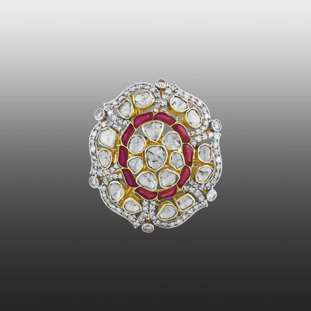 Floral Polki Ring with Red Talaf and Diamond Halo
